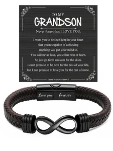 Optimized Engravable Leather Bracelet for Grandson, Meaningful Keepsake Gift for Christmas, Birthday & Graduation with Gift Card - Timeless & Durable Cuff, Perfect First Bracelet & Stocking Stuffer