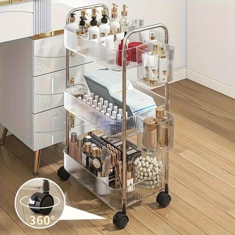 1PC 3-Tier Rolling Acrylic Makeup Organizer with 3 Hanging Baskets Multi-functional Bathroom Living Room Vanity Storage Shelf Transparent Design Easy Access Modern Style Cosmetics Rack Clear Multilayer Storage