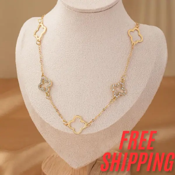 1pc Hollow Out Four-Leaf Clover Pendant Vintage & Elegant Women's Necklace With Rhinestones Valentines ekane pendant necklace