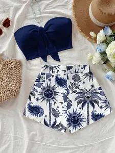 Women's Island Vacation Coconut Tree & Sun God Cashew Flower Print Two-Piece Set, Perfect for Vacations, Summer, and Fashionable Spring Wear