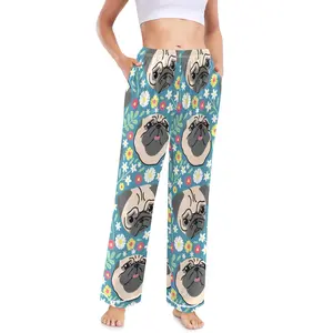Made by FEIFEIYU Cute Pug Flower Women's Pajama Trousers without Pockets