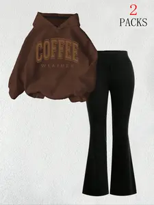 Women's Sweet Sporty Hooded Sweatshirt Set, Long Sleeve Drop Shoulder, Slim Fit Flare Pants, Casual Fall & Winter