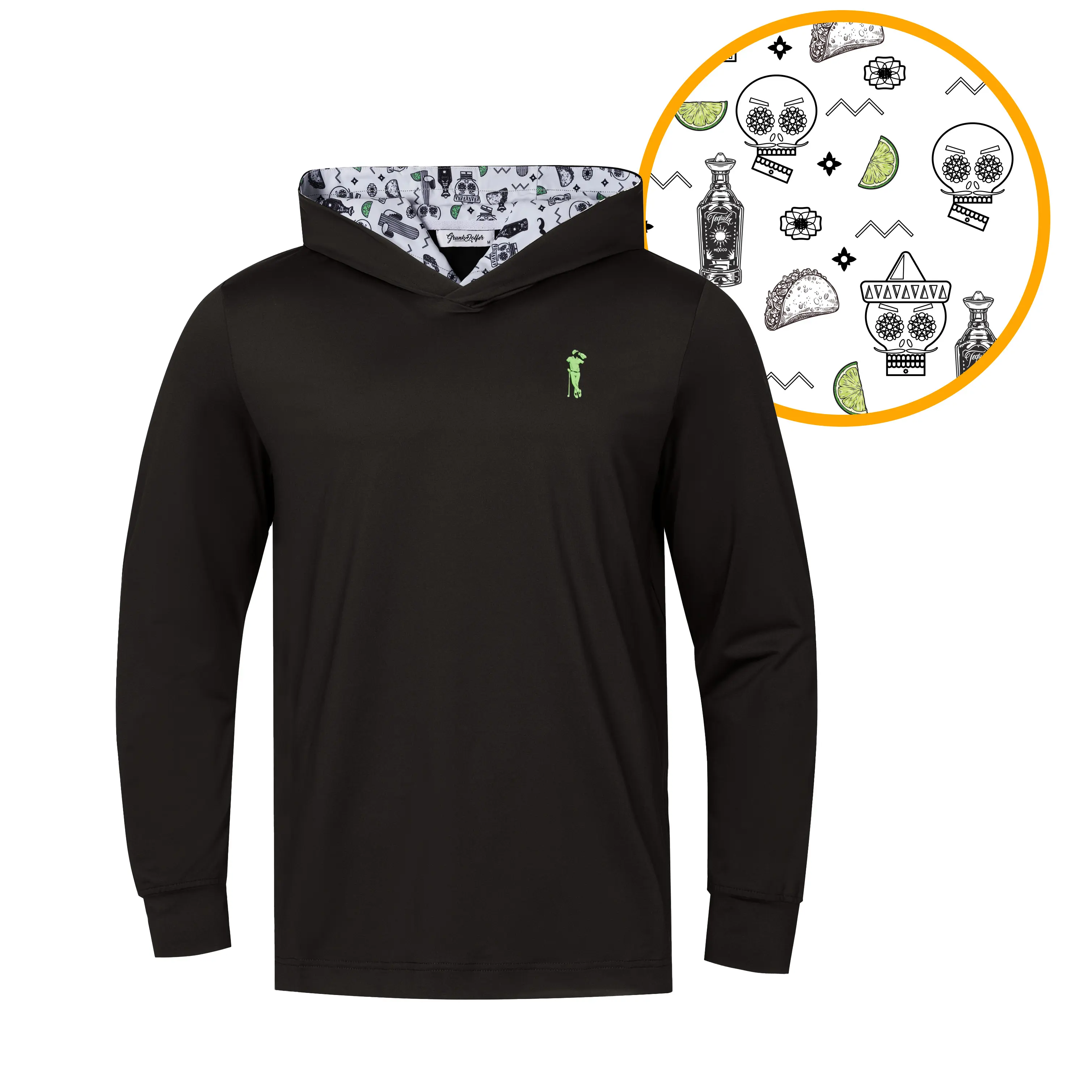 GRUNK DOLFER Drinko Men's Performance Golf Hoodie - Lightweight Pull-On Polyester Blend Sweatshirt with Lay Flat Hood, SPF 50+ UV-Protection, Breathable, Subtle Style with Bold Inside Hood, Inside Print, Athletic Activewear