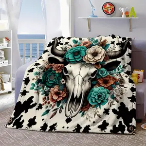 Country-Rustic Flannel Throw Blanket with Cartoon Bull Skull and Floral Design – Digital Print, 100% Polyester, Non-Woven Reversible, All-Season Cozy Cover, 200-250g Square Weight