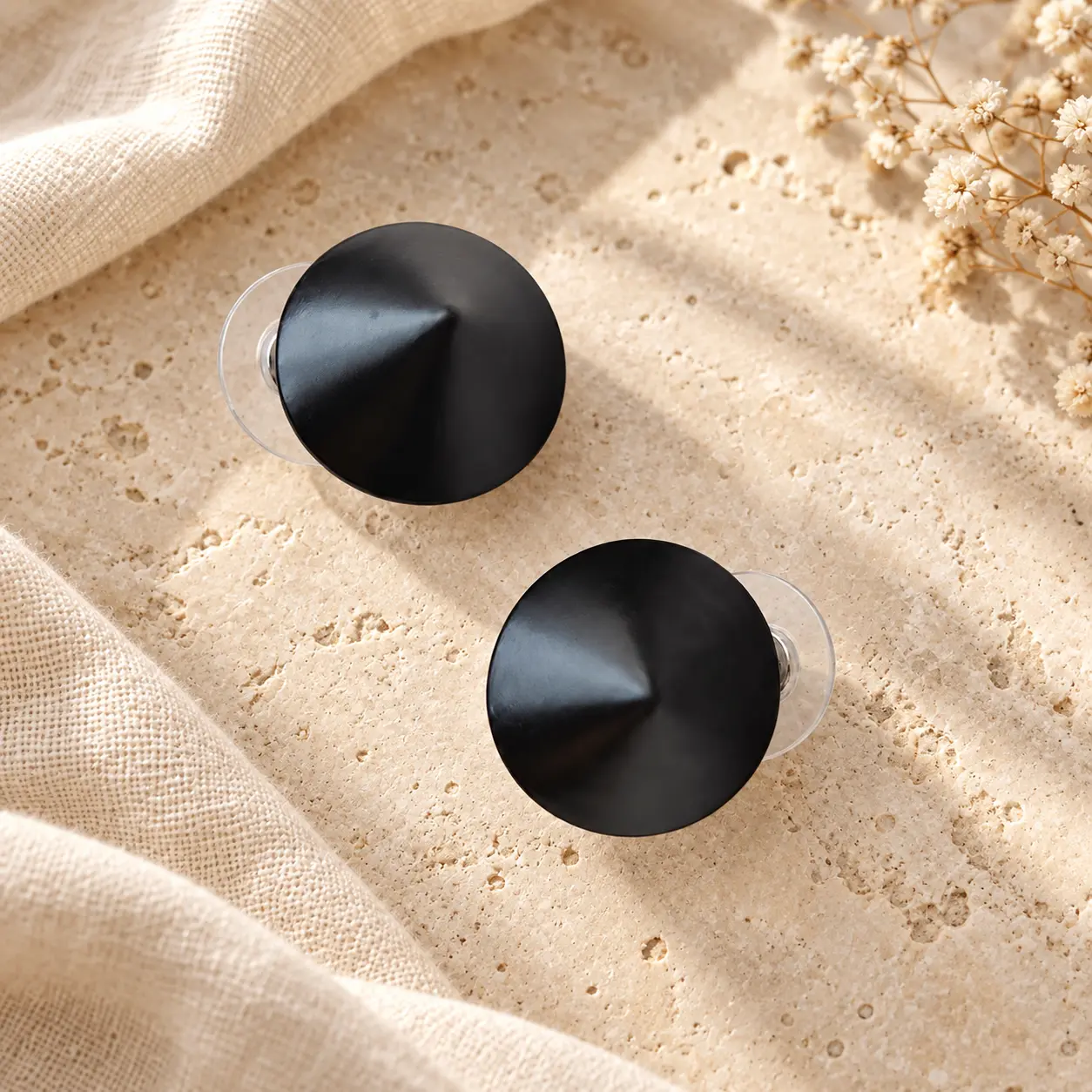 Black Round Geometric Button Stud Earrings, 1 Pair