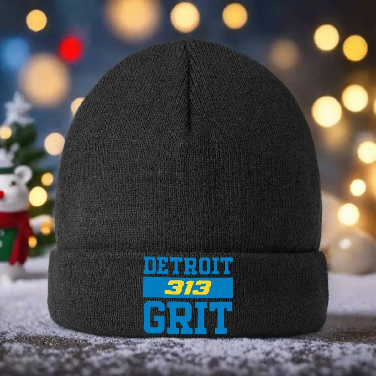 S&T Unisex Fit Breathable Acrylic Fitted Beanie - 1 Piece Detroit 313 Logo Knitted Hat, Universal 1 Size Winter Warmth Cold Weather Accessory, for Hiking Skiing, Blue & White Team Spirit, Cold Wash Only Flat Dry Detroit Themed Gift