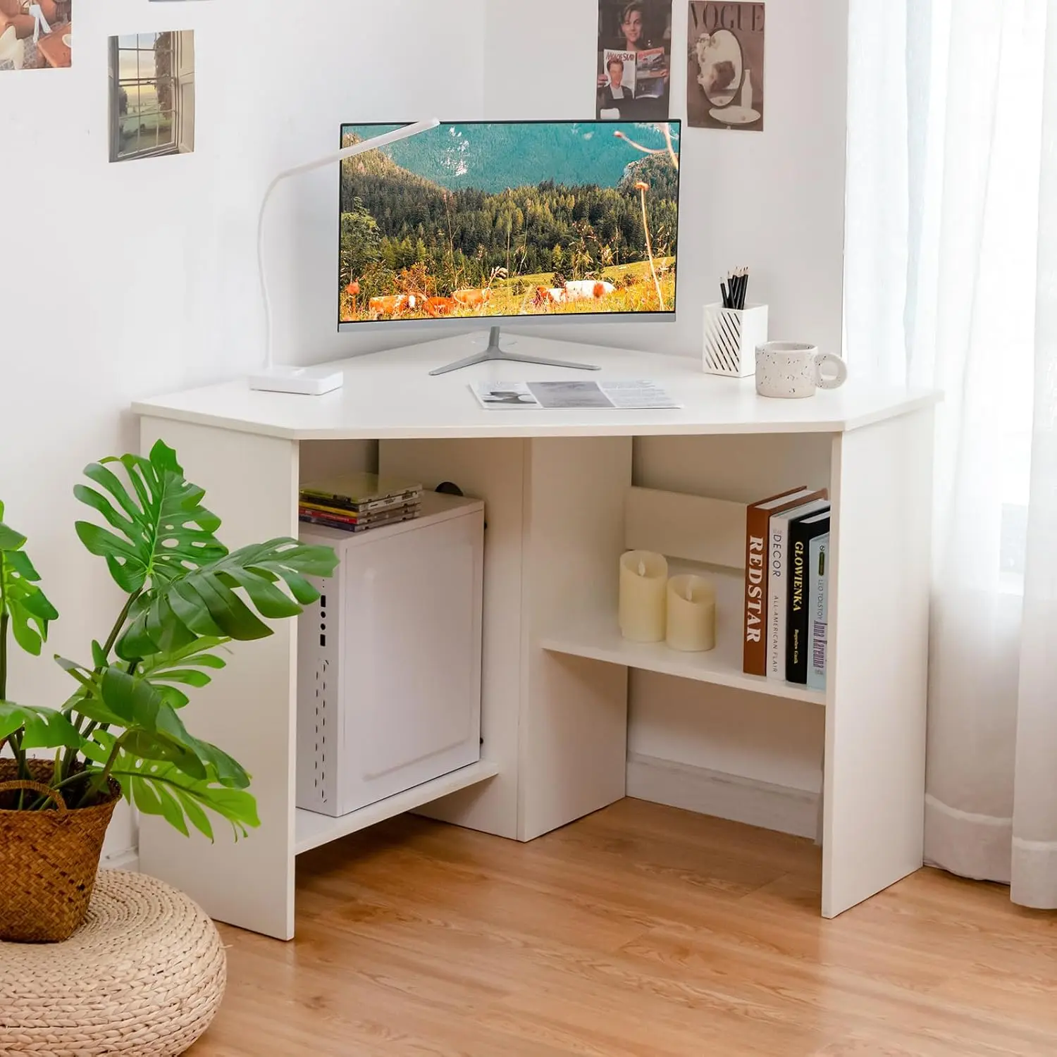 Yosinogawa 90-Degree White Corner Triangle Compact Laptop Desk, Space-Saving Office Computer Writing Desk with Storage Shelves & CPU Stand for Small Bedrooms, Compact Laptop Desks