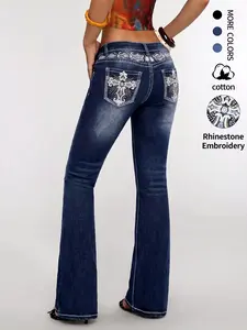 Women's Western Style Rhinestone Embroidered Jeans, High Waist Fitted Flare Pants, Bling Effect, Y2K Summer Essential