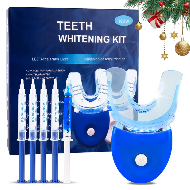 Oral Teeth Whitening Kit with Whitening Light, 5 x 3ml Carbamide Peroxide Gel, Silicone Moldable Denture Cavity Pellets for Broken Denture Replacement, Gentle Sensitive Teeth Safe Enamel, Ideal Gift for Parents-Girlfriend-Boyfriend