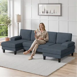 【2 Packages shipping】Classic U-Shaped Couch for Living Room U-Shaped Sectional Modular Sofa with Double Chaise Modern Lounge Sleeper for Apartment Khaki Beige Corduroy Fabric Two Fabrics Choices Strong Wood Frame Comfortable Material