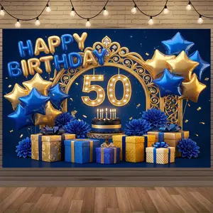 50Th Birthday Celebration Banner - Stylish Blue And Golden Theme - Made of 100% Polyester - Suitable for Various Indoor And Outdoor Events, Photography Sessions, Family Gatherings