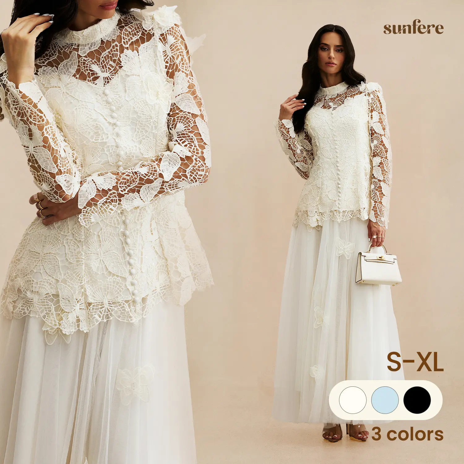Sunfere Butterfly Embroidered Lace Maxi Dress - Mock Neck Elegant Modest Gown, Formal Wedding Guest Gala Evening Event