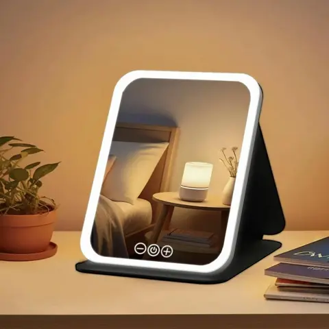 Elegant Rechargeable LED Lighted Vanity Mirror 2025, Modern Portable Lightweight Makeup Mirror with 3-Mode Dimmable Lighting, Touch Control, Foldable, Desk Accessories, No Battery Needed, for Vanity Aesthetic Decor