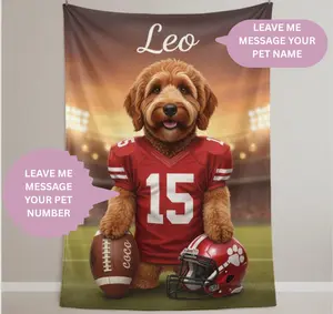 Custom Pet Sports Blanket | Personalized Dog Football Fleece Throw | Pet Portrait Stadium Decor