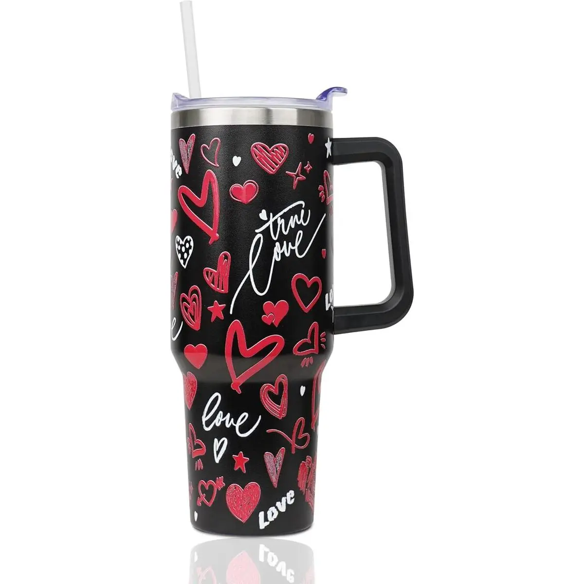 40 oz Double Wall Stainless Steel Insulated Heart Tumbler - Reusable Coffee Cup, Travel Tumbler, Insulated Coffee Cup, Portable Kitchenware Drinkware with Handle, Straw, Leak-Proof Lid, Romantic Valentine's Gift for Her, Insulated Coffee Tumbler