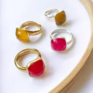 Bright Square Chalcedony Rings - Both Metals