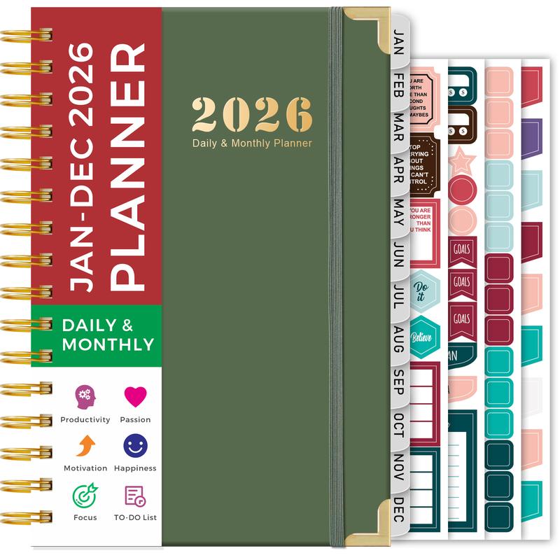 2026 Daily & Monthly Planner/Calendar, January 2026 - December 2026 Hardcover Planner Book With Monthly Tabs, Inner Pocket, Flexible Cover, A5 Compact Size (8.4"x5.7"), Perfect For Women & Men