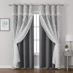 Korean Style Simple Light Blocking Embossed Vine Leaf, New Double Layer Embroidered Sheer Fabric, Full Sun Block UV Protection, Home Decoration Curtain