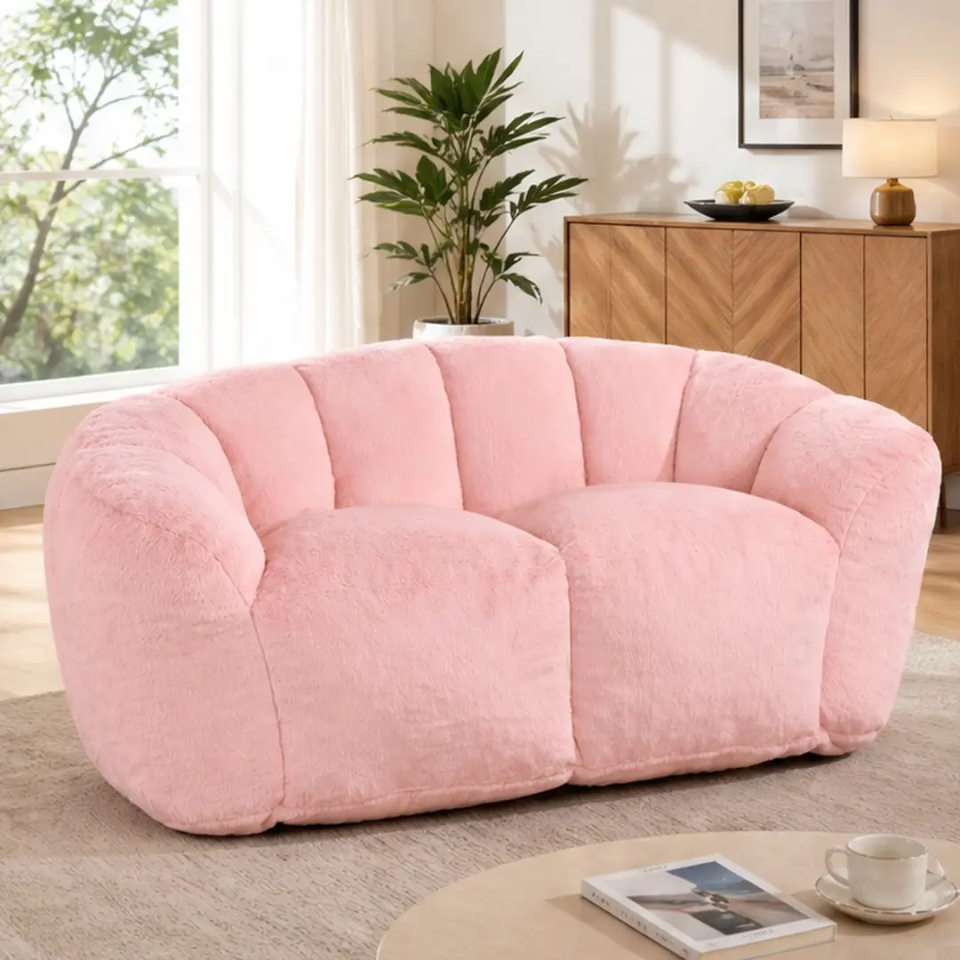 ARCH Oversized Faux Fur 2-Seater Floor Sofa Loveseat Bean Bag Chair for Adults, Comfy Couch, High-Density Foam Filled, Sink-In Soft, No Assembly Required, 35.5W x 59D x 27.6H in, Pink, Living Room Use