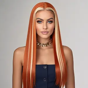 30 Inches Ginger Orange Synthetic Lace Front Wig Glueless for Women Skunk Stripe Light Blonde Highlights Long Straight Synthetic Hair Wigs 13x4 HD Lace Middle Part Wigs for Daily Use Party Cosplay Wear Mother's Day Holiday Christmas New Year Wig