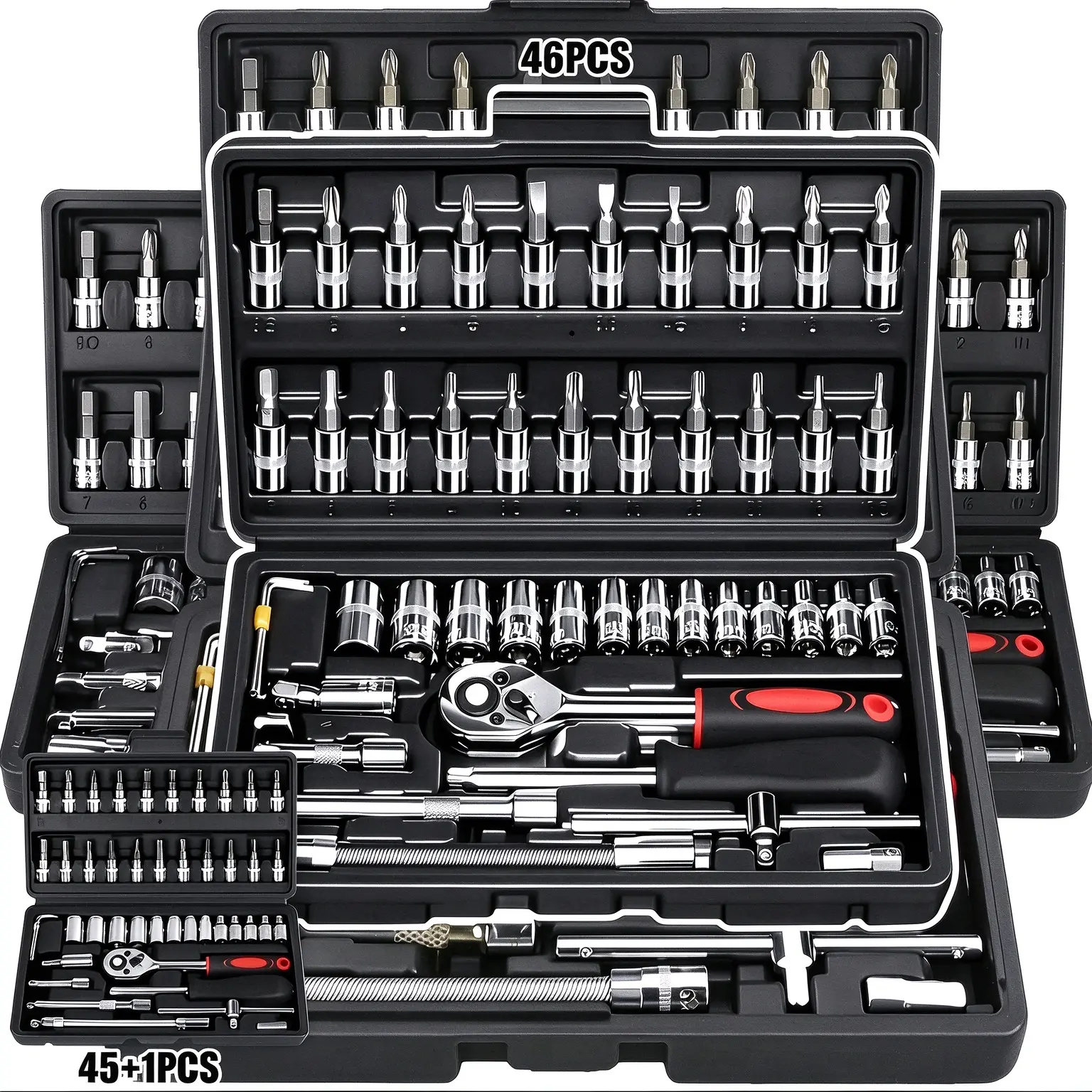 Socket Wrench Set 46 Piece Ratchet Tool Kit – Auto Repair, Home Garage & DIY Essentials, Premium Chrome Steel, Portable Storage Case
