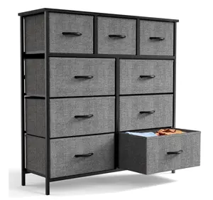 Fabric Storage Dresser with 9 Drawers, Steel Frame and Wooden Top for Bedroom, Closet, Entryway and Nursery, Gray