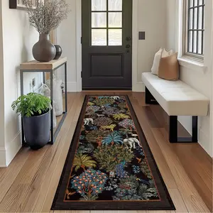 2x6 Runner Rug for Hallway, Washable Floral Throw Rug, Modern Jungle Animal Non Slip Indoor Mat, for Entryway, Laundry, Kitchen, Black