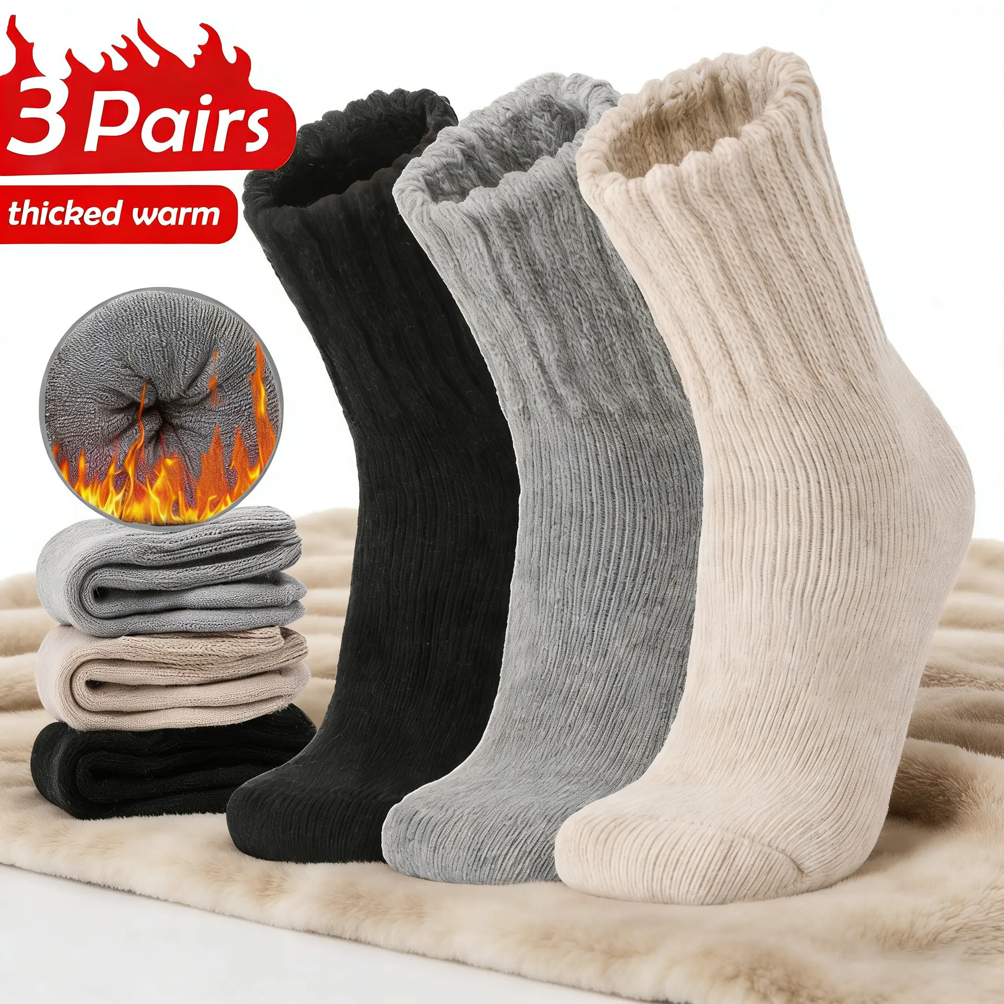 3-Pair Women's Boot Socks, Cover-Up Knitted Warm Socks, Thick and Comfortable Winter Socks, Hiking/Sailing Boot Socks, Warm Gift for Women in Cold Weather