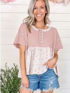 Pink Waffle Floral Patchwork Exposed Seam Short Sleeve Top