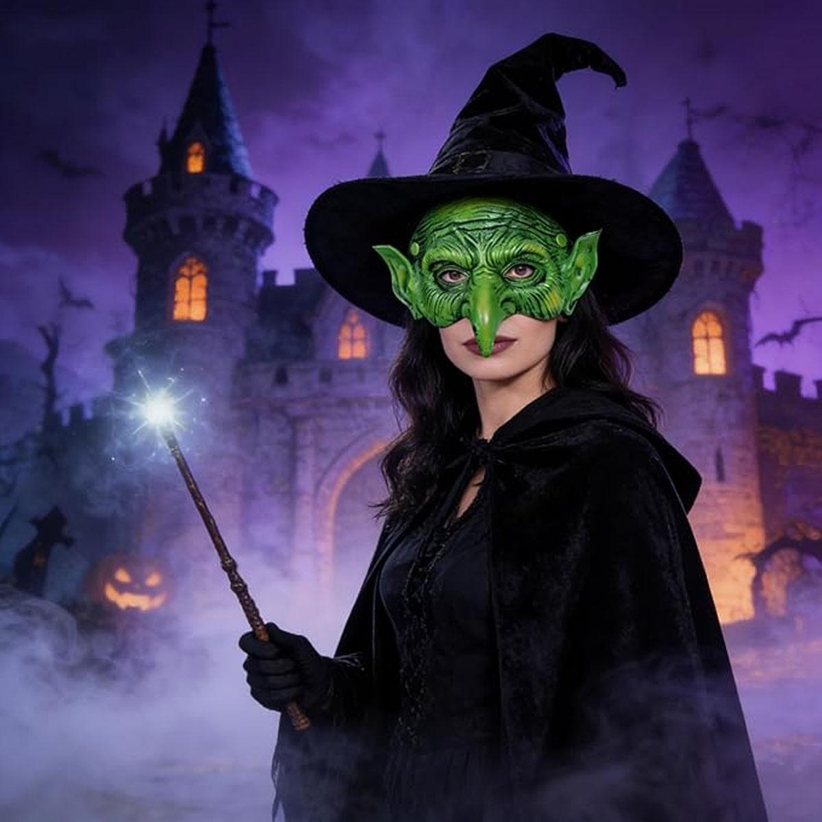 green goblin mask，Horror Green Witch Mask, realistic pleated texture and pointed ear design, suitable for cosplayers with Halloween horror themes, haunted house carnival prank props, movie night role-playing theme party decoration accessories