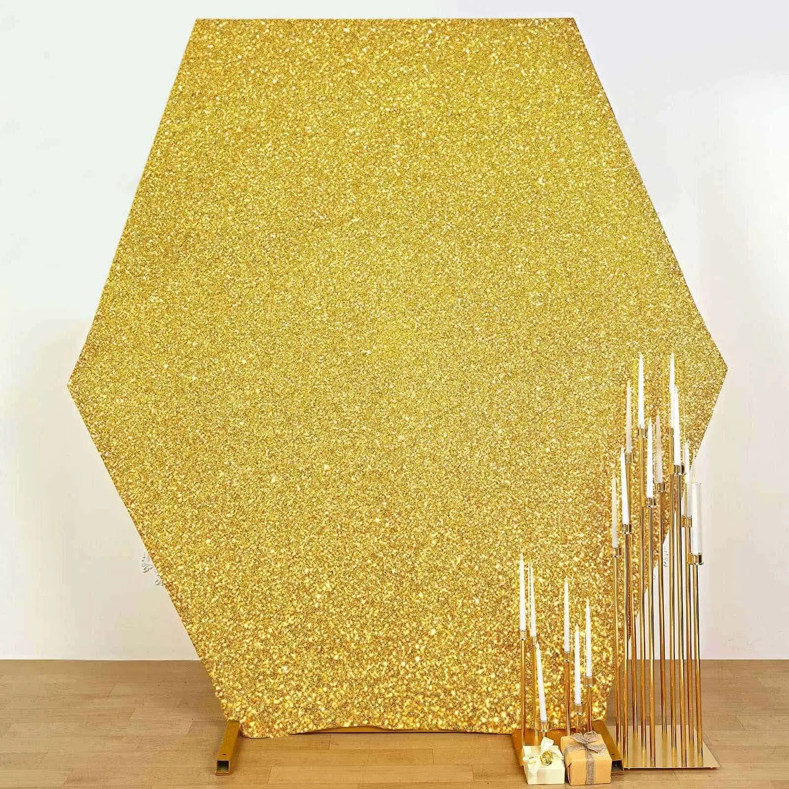 8ftx7ft Gold Metallic Shimmer Tinsel Spandex Hexagon Backdrop, 2-Sided Fabric Cover for Wedding Arch, Wedding Wall Decoration, Arch Trellis & Fabric Cover Festive Backdrops & Banners, Birthday Use, Arch Trellis Festive Backdrops & Banners