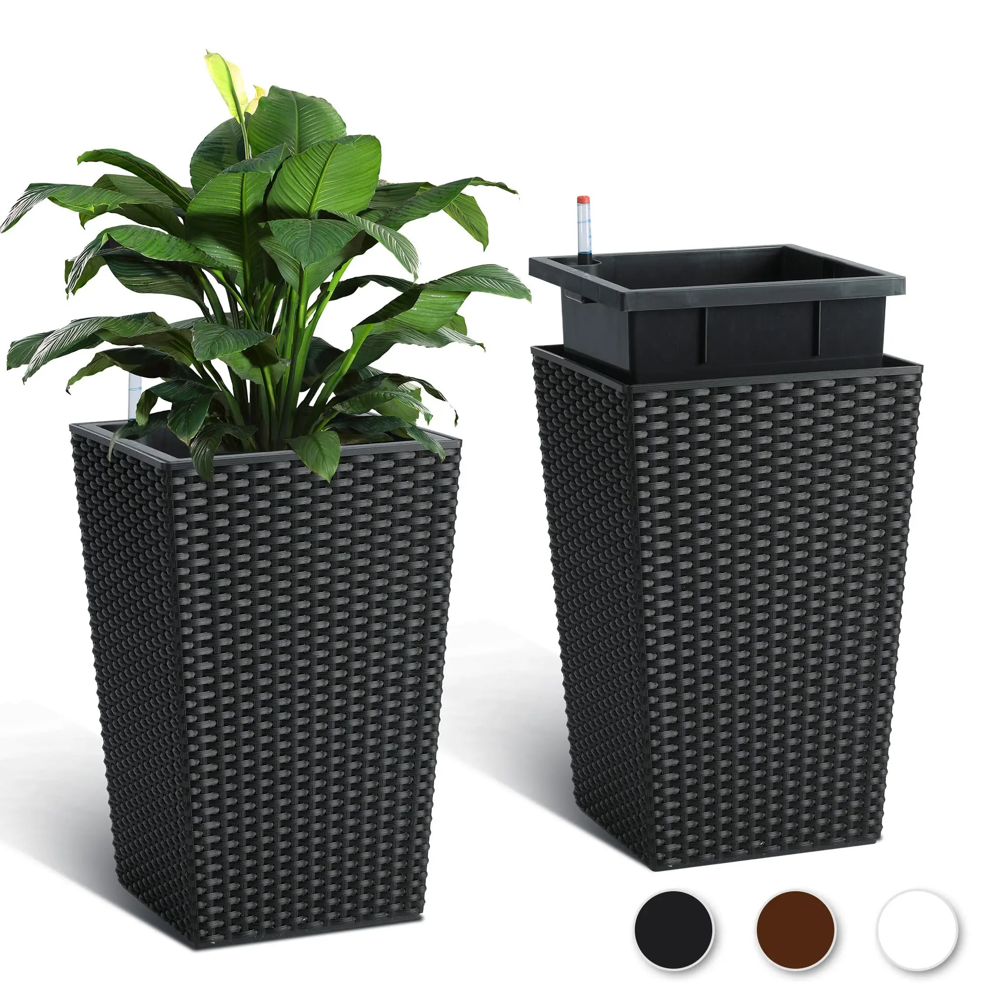 16 Inch Tall Planter Set of 2, Large Rattan Flower Pot with Wheels & Water Level Monitor, Self-Watering Planters with Trays for Patio, Living Room, Black