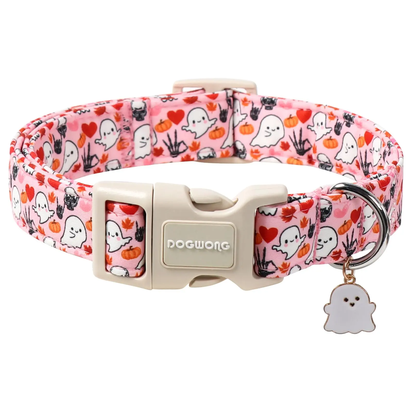 DOGWONG Halloween Dog Collar for Small Medium Large Dogs, Adjustable & Soft Fabric Cute Pink Puppy Collar with Quick-Release Buckle for Girl Boy Dogs