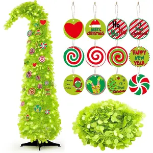 Whimsical Christmas Tree 5ft Bendable Pop up Collapsible 1 Minute Christmas Tree with 36 Wooden Ornaments for Indoor Outdoor Home Office Holiday Xmas Party Decor Supply