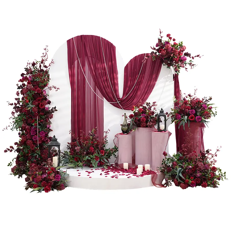 S-A8898 Silky Burgundy Rose & Greenery Multiple-Piece Wedding Decor Set - Table Floral Ball, Aisle Floor Backdrop Props (Home & Festive Party Supplies)