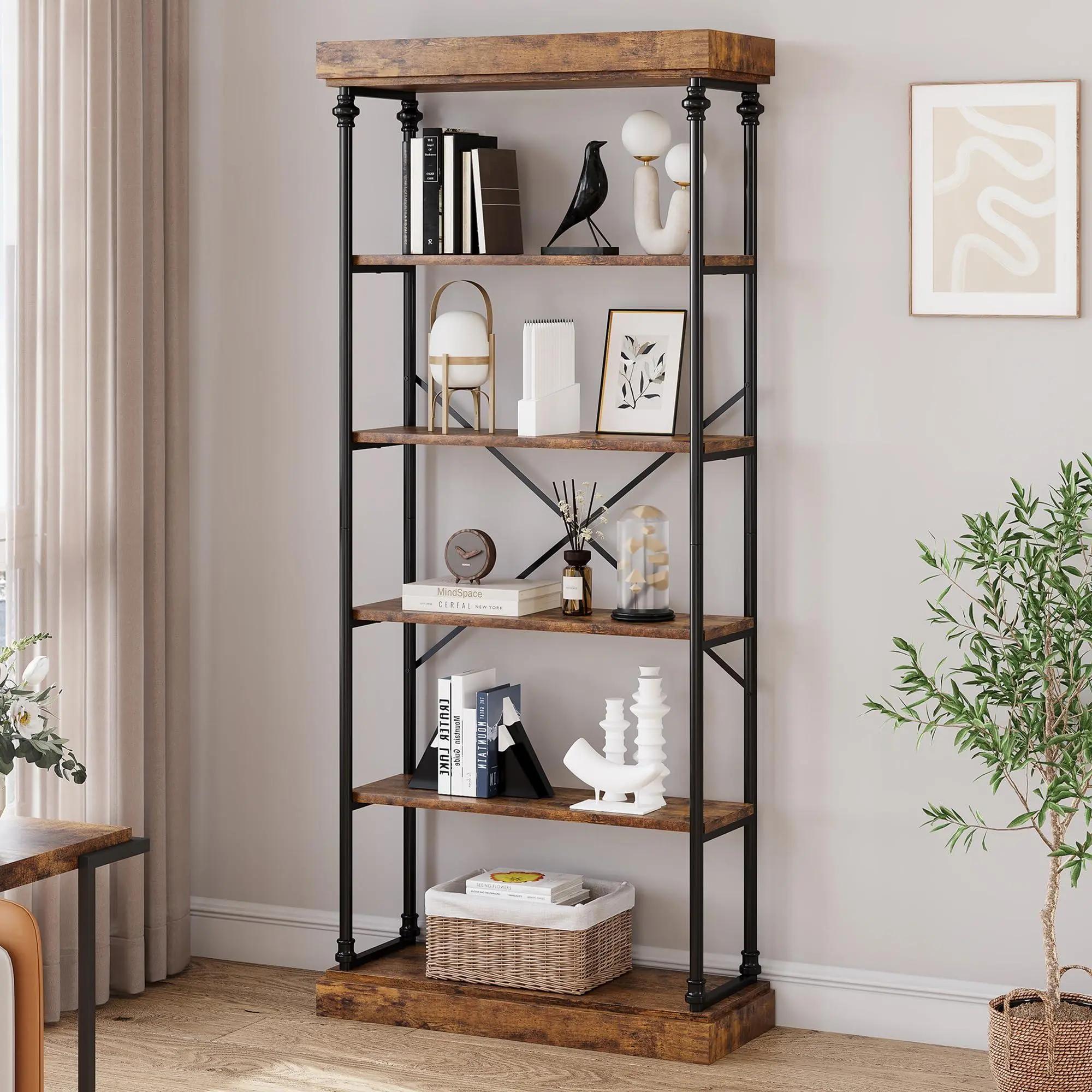 Garvee Brown 6-Tier Industrial Wood & Metal Bookshelf - Rustic Look Storage Organization Tall Standing Vintage Display Rack with 6 Shelves