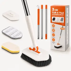 AIR U Tile Tub Scrubber Brush with 3 Different Function Cleaning Heads and 51" Extendable Long Handle-No Scratch Shower Scrubber for Cleaning Bathroom Kitchen Toilet Wall,Bathtub,Sink
