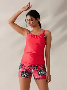 Ladies' orange print patchwork one-piece swimsuit dress, abdominal red floral print A-line one-piece swimsuit set