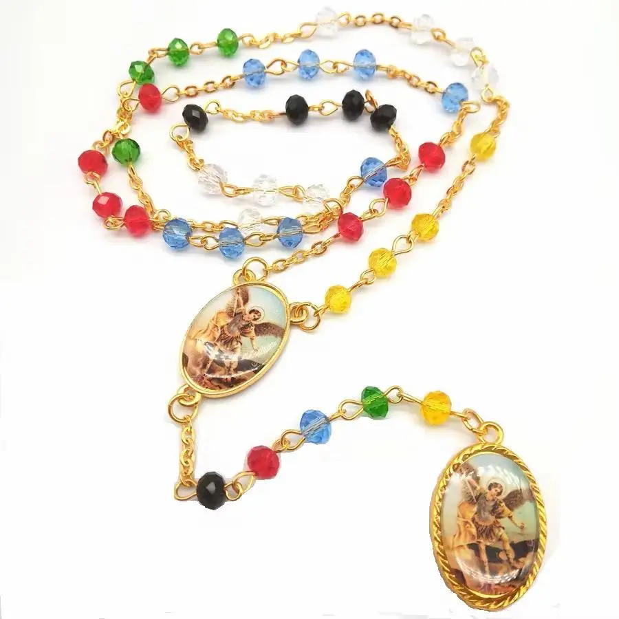 SAINT MICHAEL MULTICOLOR BEAD ROSARY