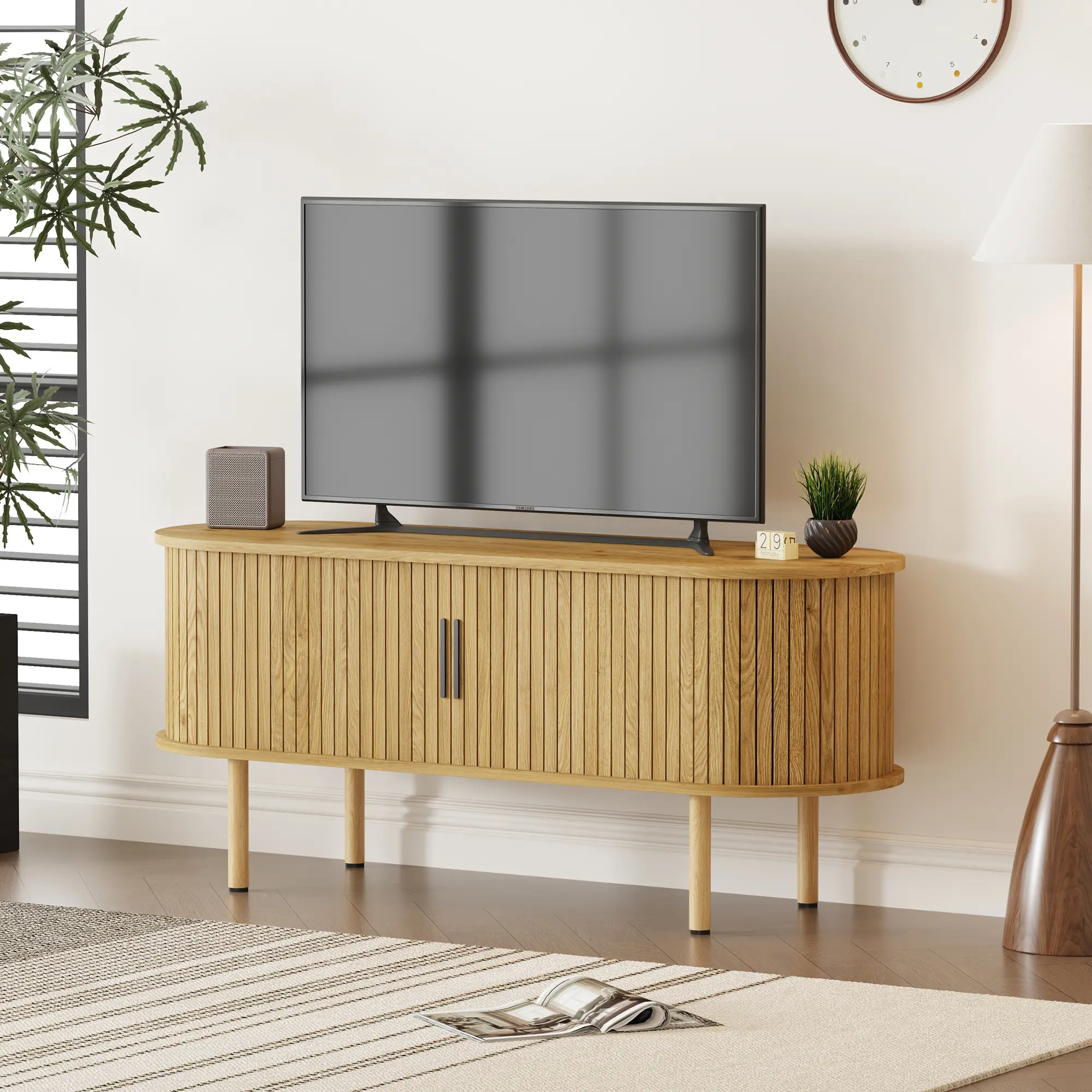 Modern TV Stand 47.2" for TVs Up to 80" - Wood Entertainment Center with Sliding Doors - Adjustable Storage Shelves and Cabinets - Living Room Furniture, Tv Console Table, Minimalist Tv Stand