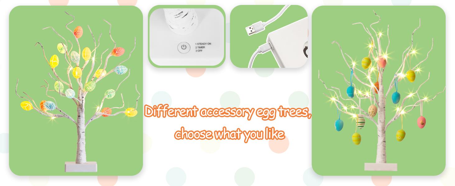 PEIDUO Easter Decorations Lighted White Birch Tree with 18x2 Eggs Ornaments Battery Powered Timer 24 LED Tabletop Centerpiece Spring Home Decor 2 Pack