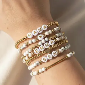 Simply Stated NY Howlite Personalized Word Bracelet, Kids Name Bracelet, Stacking Mama Bracelet, Custom Name Beaded Bracelet, Personalized Gift, Stretch Bracelet