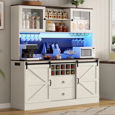 74" Farmhouse Kitchen Pantry Storage Cabinet with LED Light & Charging Station, 63" W Coffee Bar Cabinet Kitchen Cupboard with Hutch and Sliding Barn Doors, Pegboard Buffet Cabinet Farmhouse Wood Cabinet