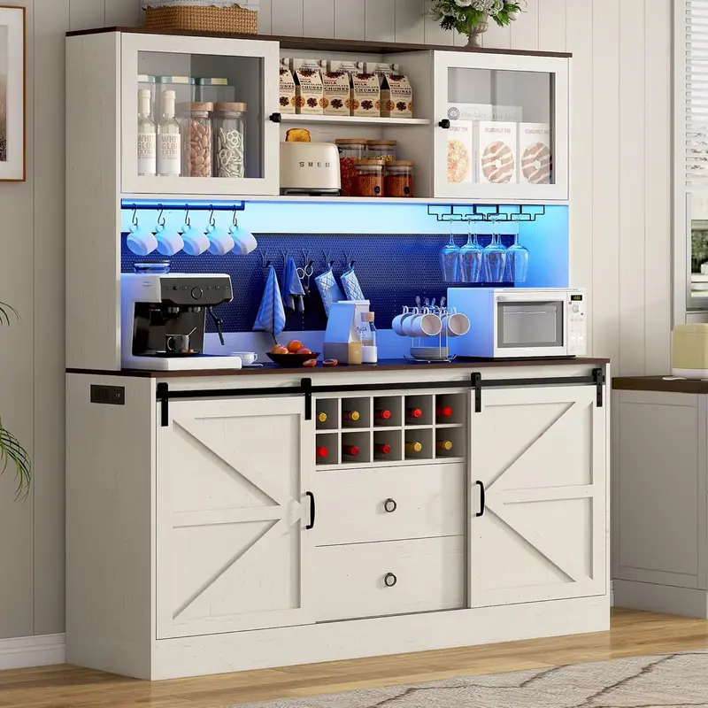 74" Farmhouse Kitchen Pantry Storage Cabinet with LED Light & Charging Station, 63" W Coffee Bar Cabinet Kitchen Cupboard with Hutch and Sliding Barn Doors, Pegboard Buffet Cabinet Farmhouse Wood Cabinet