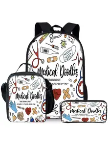 Medical equipment printed backpack three piece set including lunch bag and pencil case