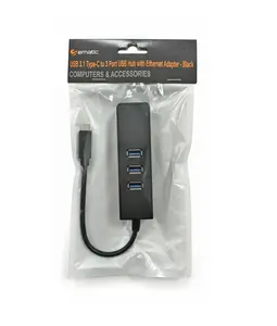 Ematic EUT401C3H USB 3.1 Type-C to 3 Port USB Hub with Ethernet Adapter - Black Computer Accessory