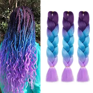 Purple and Blue Braiding Hair Ombre Prestretched Braiding Hair 24in 3Packs Colorful Braiding Hair Extensions #Dark purple-lake blue-light purple