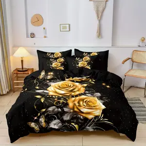 Luxury Gold Rose Butterfly Quilt Set, Soft Breathable Bedroom & Dorm Bedding, High-Definition Print, 1 Quilt Cover + 2 Pillowcases