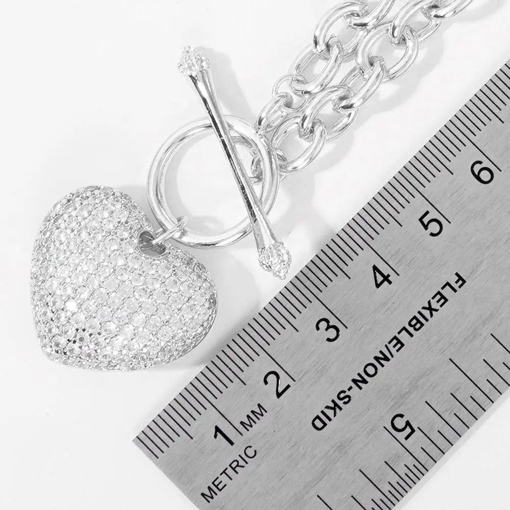 Women's Gold Dipped CZ Pave Heart Pendant Toggle Necklace - Cable Chain, Dangling Charm, Decorative Charm, Fashion Statement Costume Jewelry Accessory, Cable Chain Necklaces, Dangling Charm Necklaces