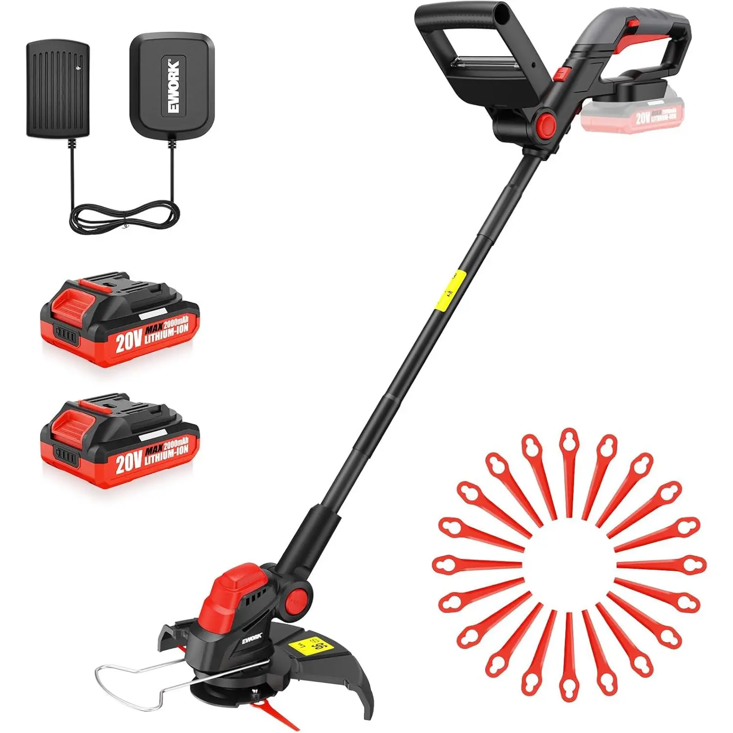 EWORK 20V Cordless Weed Wacker - 10-Inch 2-in-1 Electric Grass Trimmer & Edger for Women, Lawn Edging, Lightweight, Upgraded Cutter Blade, 20V 2.0Ah Dual Battery Cordless Grass Trimmers, Fast Charger, 20 Nylon Plastic Blades